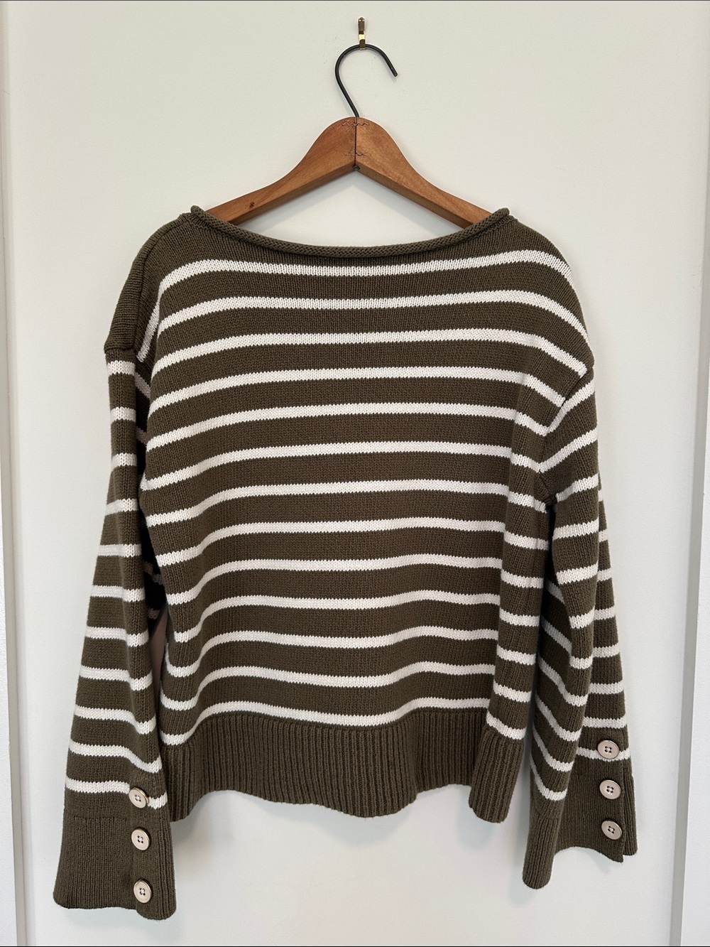 Talbots Striped Olive and White Boatneck Sweater